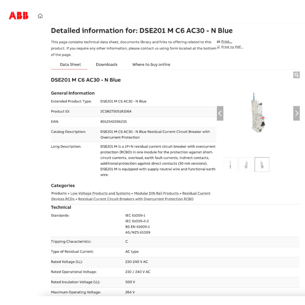 เบรกเกอร์กันดูด RCBO 32A 1P 6KA TYPE AC ABB รุ่น DSE201M AC-30 (ตัดไฟรั่ว 30MA)
